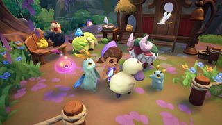 Fae Farm - a player crouches down to play with several magical farm animals