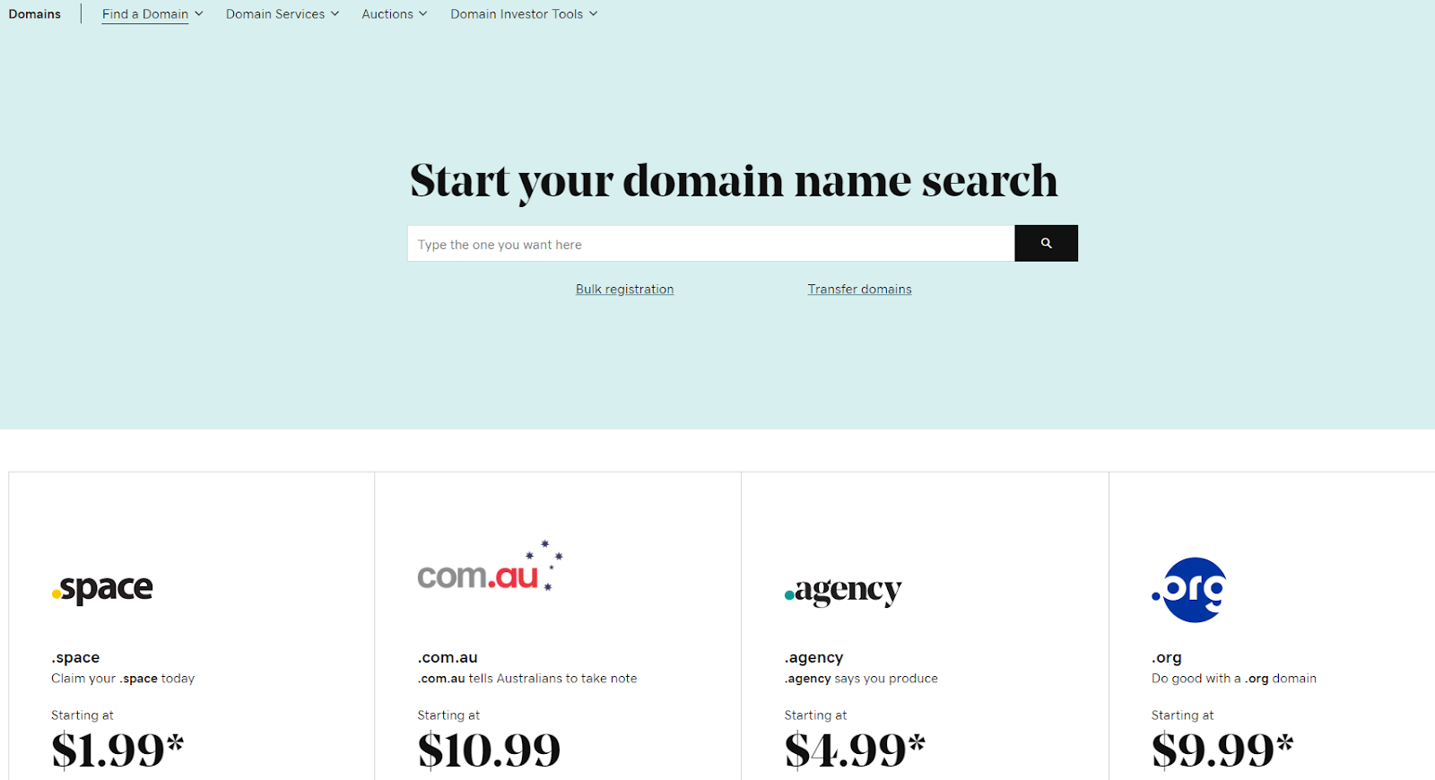 GoDaddy's domain name search webpage