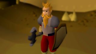 Old School RuneScape screnshot showing a blond character with a long beard and moustache wielding a pickaxe in one hand and a shield in the other