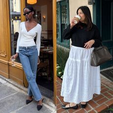 collage of two style influencers Sylvie Mus and Marina Torres wearing easy yet chic outfit ideas with elevated basics including a v-neck top, straight-leg jeans, mule heels, crewneck sweater, tiered skirt, and Mary Jane flats