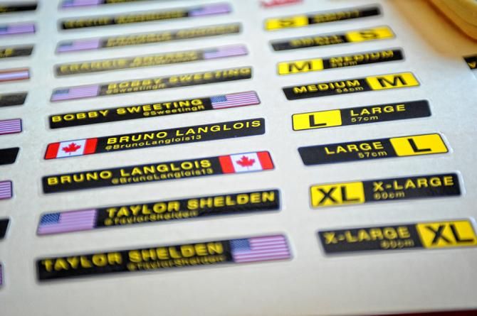 The 2014 5-Hour Energy/Kenda team name tags are ready to go on bikes