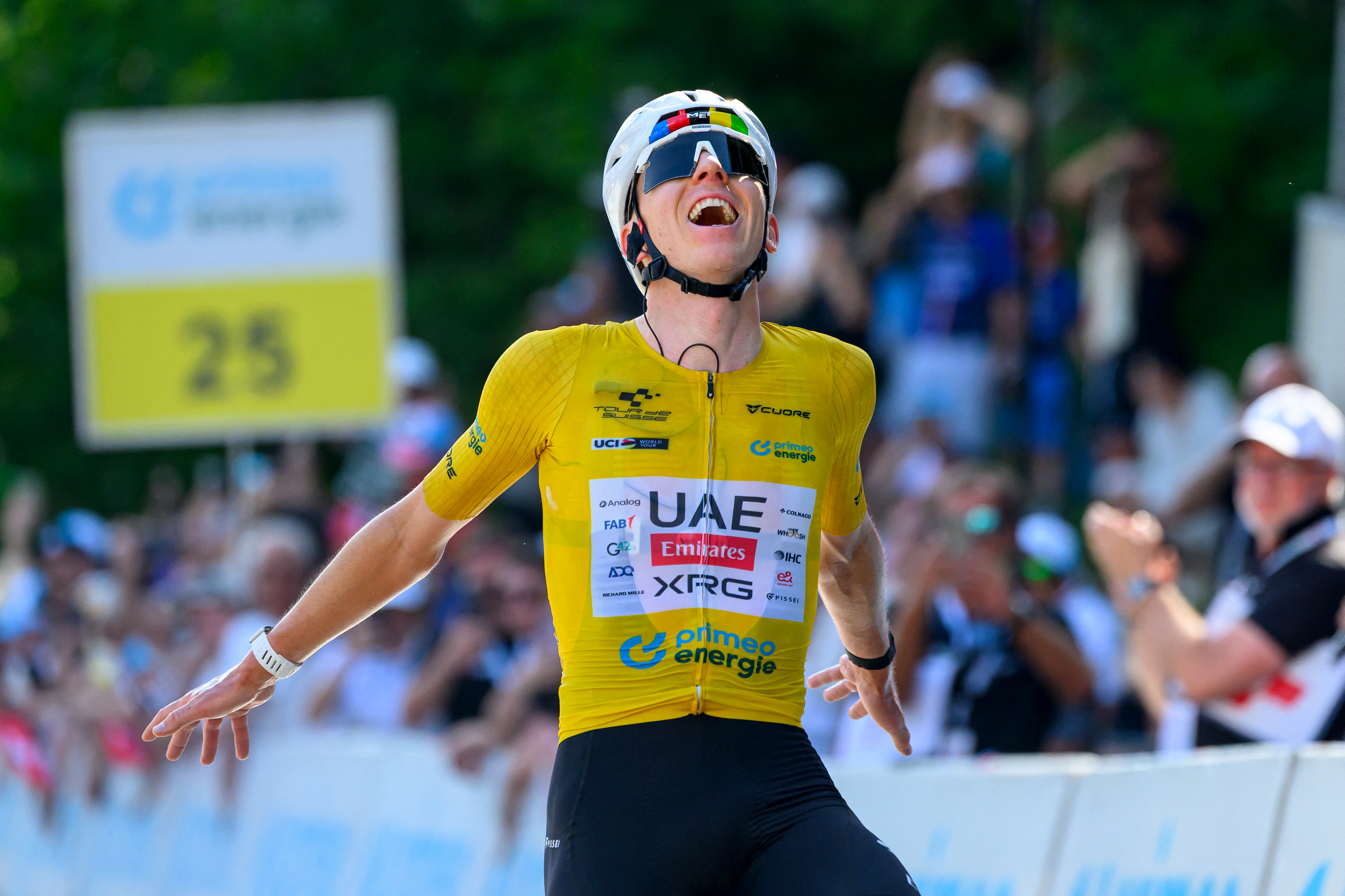 Tadej Pogačar winning stage five of the Tour de Suisse 2026