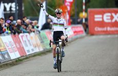 Fem Van Empel current world cyclo-cross champion, crosses the line to victory in the women's elite race of the 'Exact Cross Beringen' cyclo-cross cycling event 