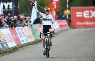 Fem Van Empel current world cyclo-cross champion, crosses the line to victory in the women's elite race of the 'Exact Cross Beringen' cyclo-cross cycling event 