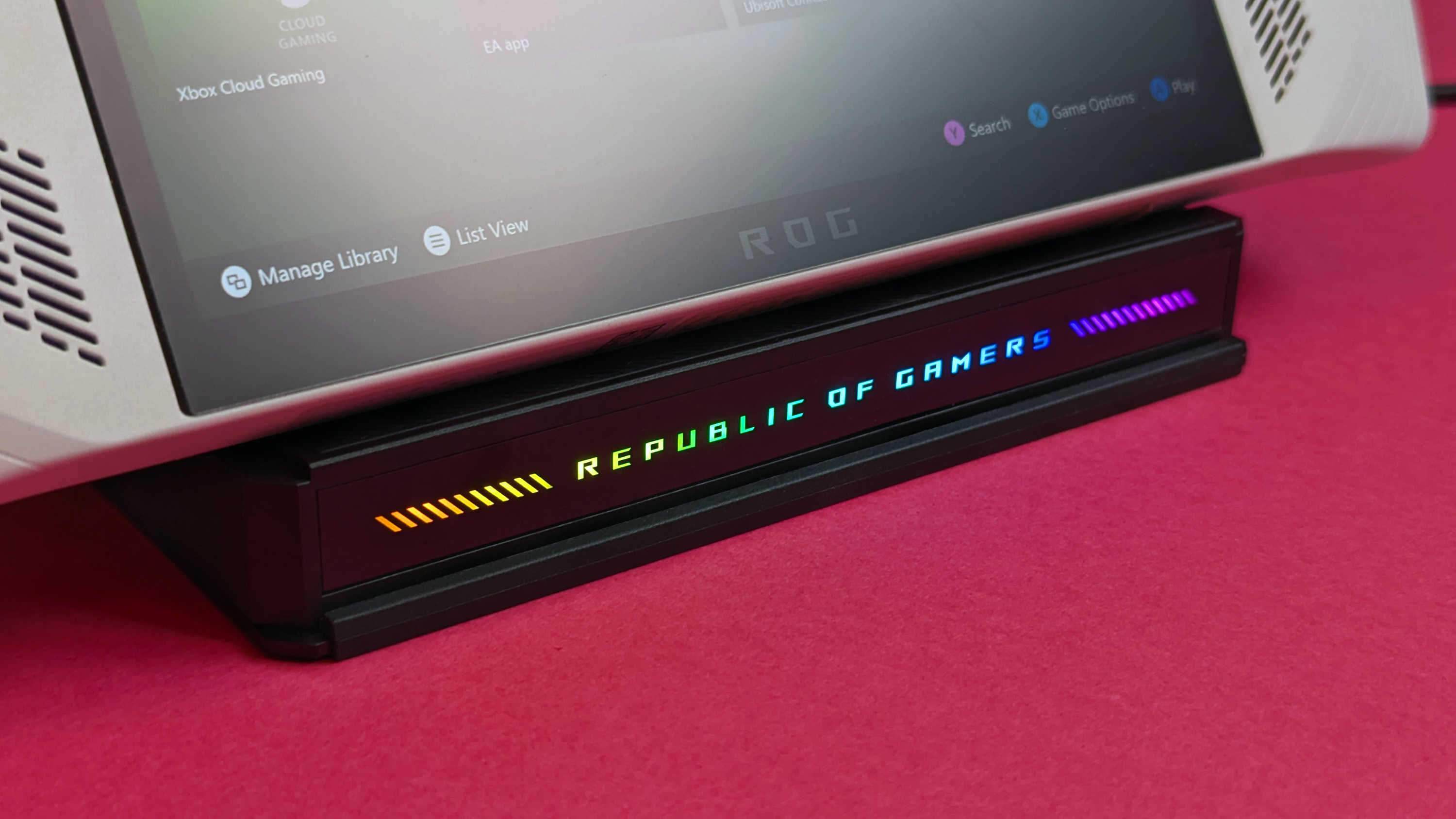 ASUS ROG Bulwark Dock (2025) on a pink card background