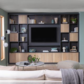 living room with built in wall storage with tv in center