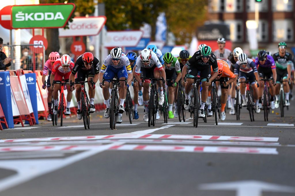 AGUILAR DE CAMPOO SPAIN OCTOBER 29 Arrival Sprint Gerben Thijssen of Belgium and Team Lotto Soudal Sam Bennett of Ireland and Team Deceuninck QuickStep Jasper Philipsen of Belgium and UAE Team Emirates Pascal Ackermann of Germany and Team BORA Hansgrohe during the 75th Tour of Spain 2020 Stage 9 a 1577km stage from Cid Campeador Military Base Castrillo del Val to Aguilar de Campoo lavuelta LaVuelta20 on October 29 2020 in Aguilar de Campoo Spain Photo by David RamosGetty Images