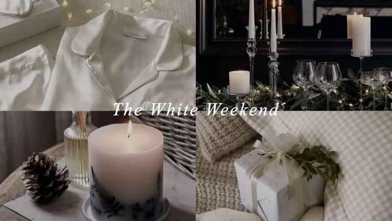 The White Company Black Friday sale image with pyjamas, candles, glassware and wrapped present