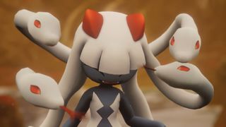 Palworld 1.0 launch trailer screenshot shows a smiling Pal with snakes for hair