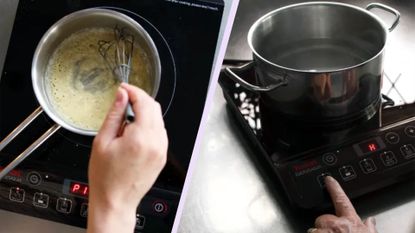 Two images of the best portable induction hobs being tested for boiling water and scrambing eggs