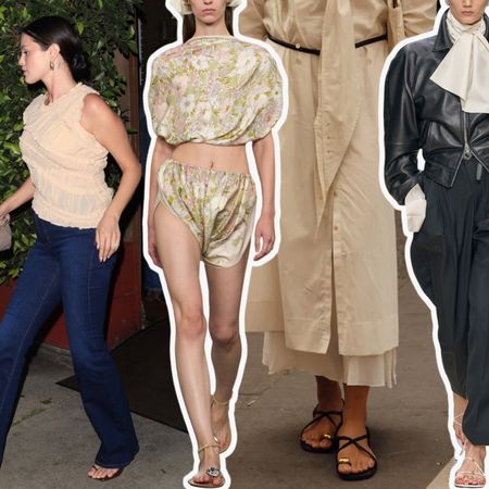 a collage of Selena Gomez, a Calvin Klein model, woman at Paris Fashion Week, a Celine model, and Jennifer Lawrence wearing toe-ring sandals