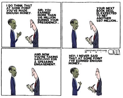 Political Cartoon U.S. Barack Obama money speaking fee book deal