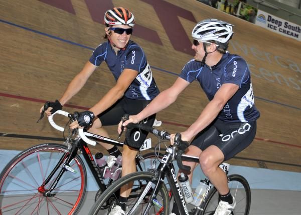 &ndash; Team mates Floyd Landis and Andrew McNab of Orca Velo Marino warm up in the velodrome.