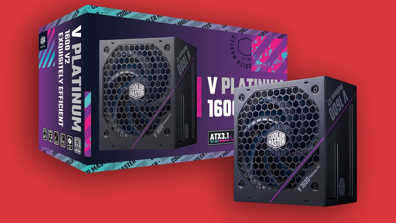 A Cooler Master V Platinum 1600 PSU on a red background.