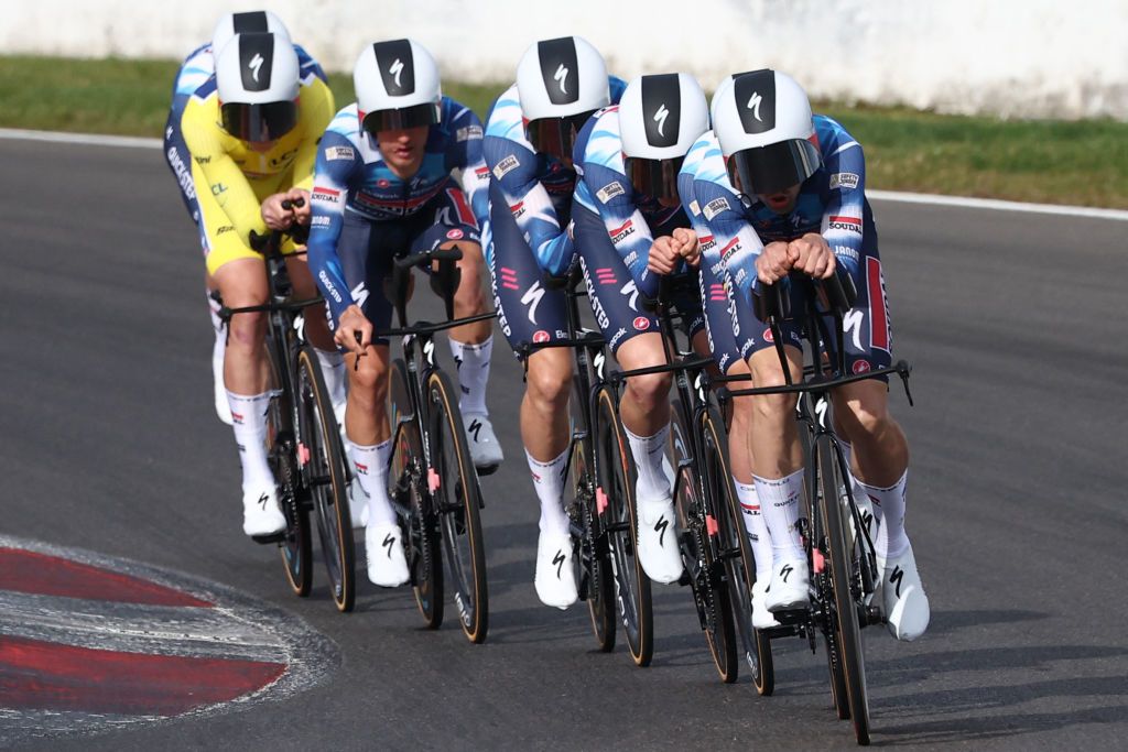 Soudal Quick-Step's riders cycle during the 3rd stage of the Paris-Nice cycling race, a 28,4 km team time trial between Nevers Magny-Cours Circuit and Nevers, on March 11, 2025. (Photo by Anne-Christine POUJOULAT / AFP)