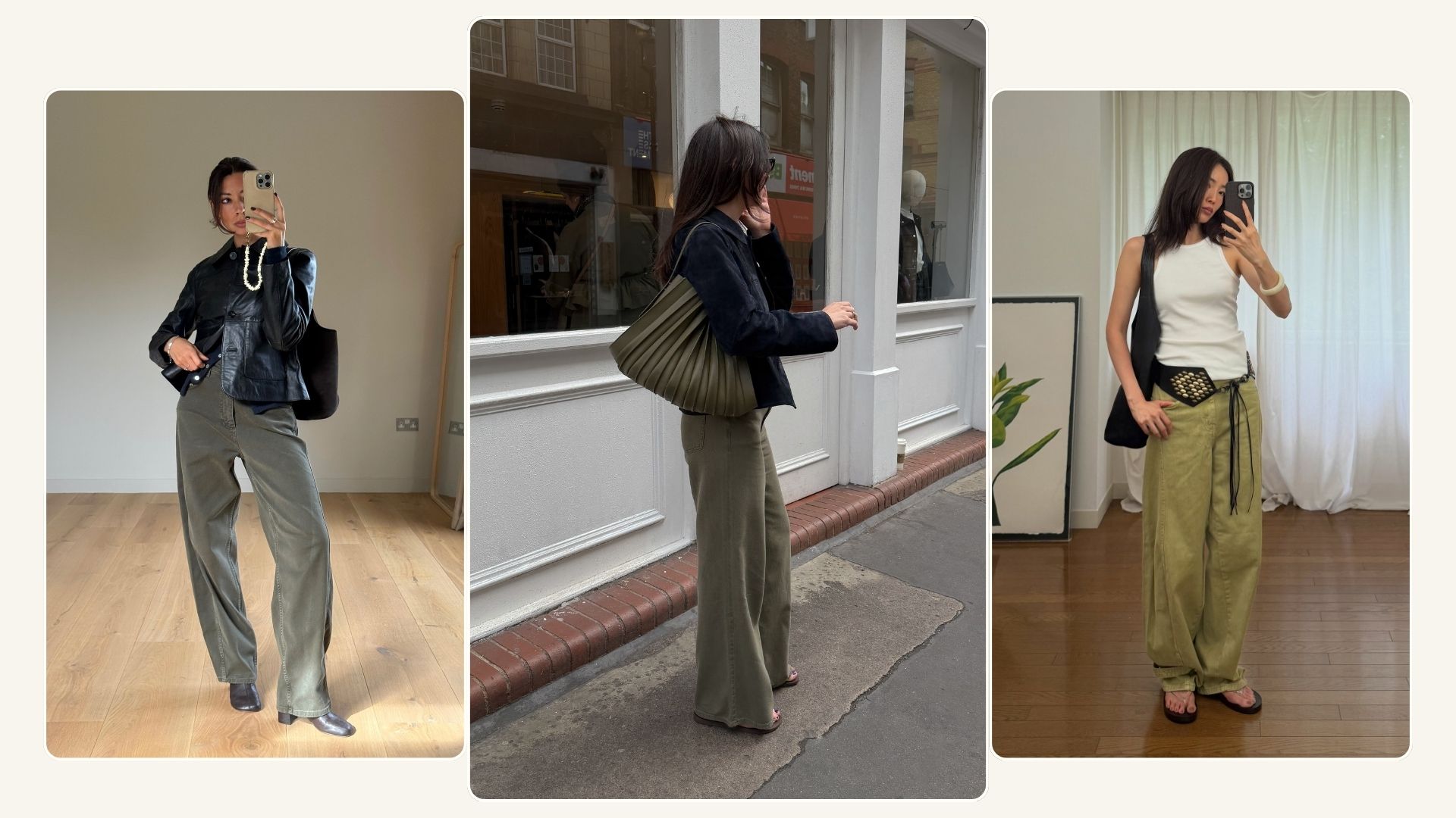 Three women wears khaki denim jeans