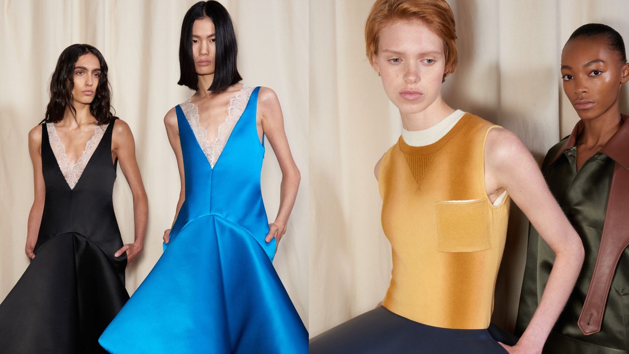 a collage showing models wearing JW Anderson&#039;s Spring 2025 runway collection