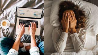On the left, an overhead shot of a person using a laptop on a bed, sitting next to a cup of coffee. On the right, a woman covers her face with her hands as she lies in bed, unable to sleep