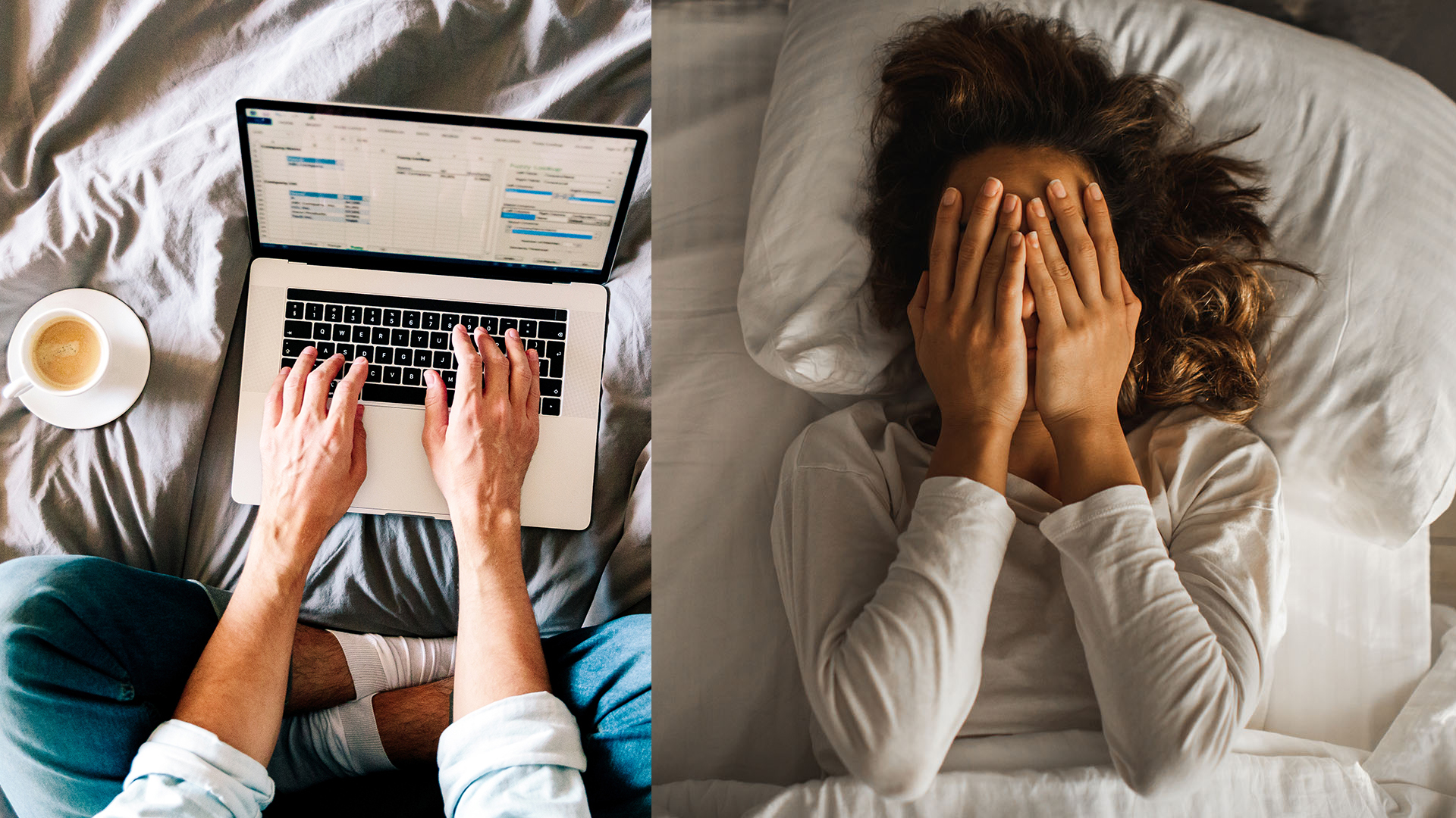 On the left, an overhead shot of a person using a laptop on a bed, sitting next to a cup of coffee. On the right, a woman covers her face with her hands as she lies in bed, unable to sleep