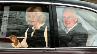 King Charles III and Britain's Queen Camilla wave as they leave by car from Clarence House in London on February 6, 2024