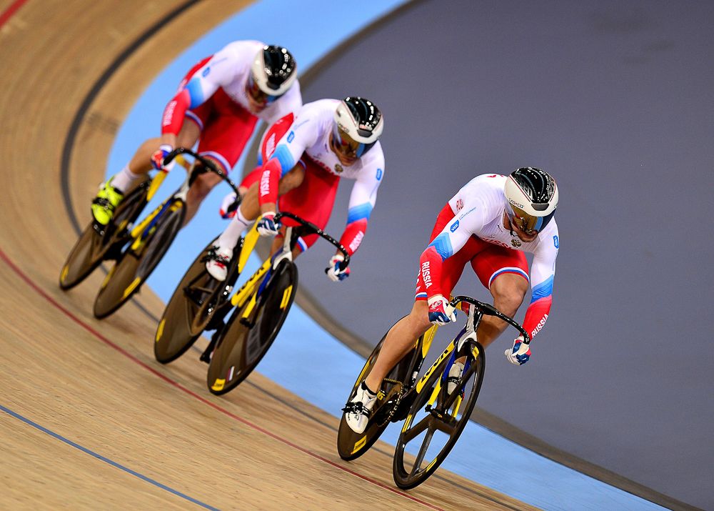 The Russian team compete in the Men's Team Sprint qualification round during the UCI Track Cycling World Championships