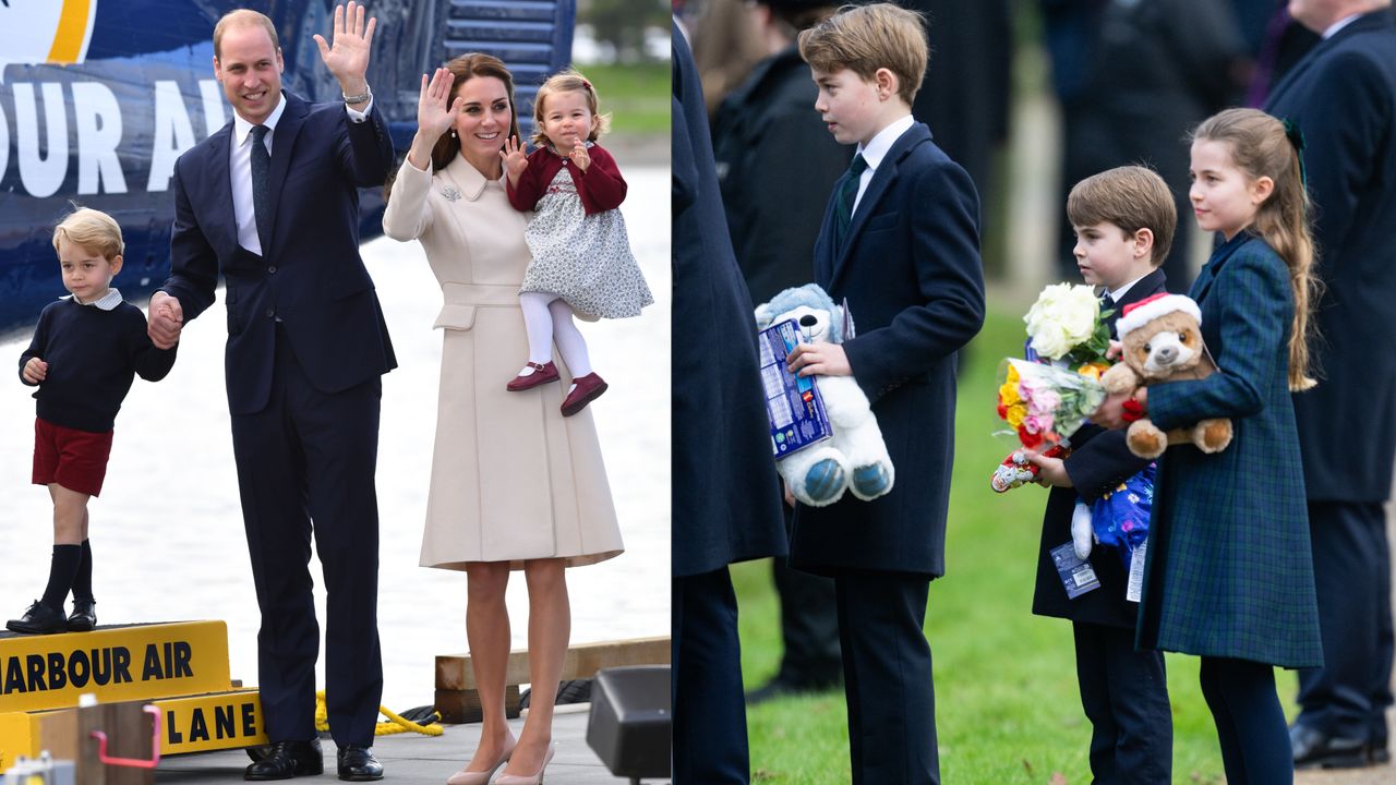 A photo of Prince George, Prince Louis and Princess Charlotte dressed in dark coats and clutching stuffed animals on Christmas next to a picture of Prince George standing on a yellow platform holding hands with Prince William, who is wearing a suit and standing next to Kate Middleton in a white dress, who is holding baby Princess Charlotte and waving