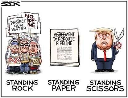 Political cartoon U.S. Donald Trump Dakota Access Pipeline reroute
