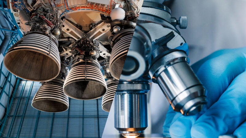 a split image with the bottom of a Saturn V rocket on the left, its five engines up close, paired with a rotating microscope magnifying lens and a blue gloved hand on the right.