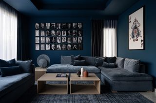A dark blue living room