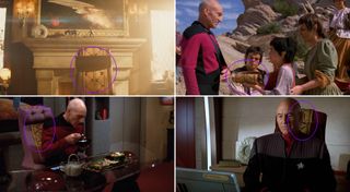 (Clockwise from top, left) Scenes from the new "Picard" Season 2 teaser, TNG episodes "Who Watches The Watchers" (Season 3, Episode 4) and "The Pegasus" (Season 7, Episode 12) and "First Contact" (1996).
