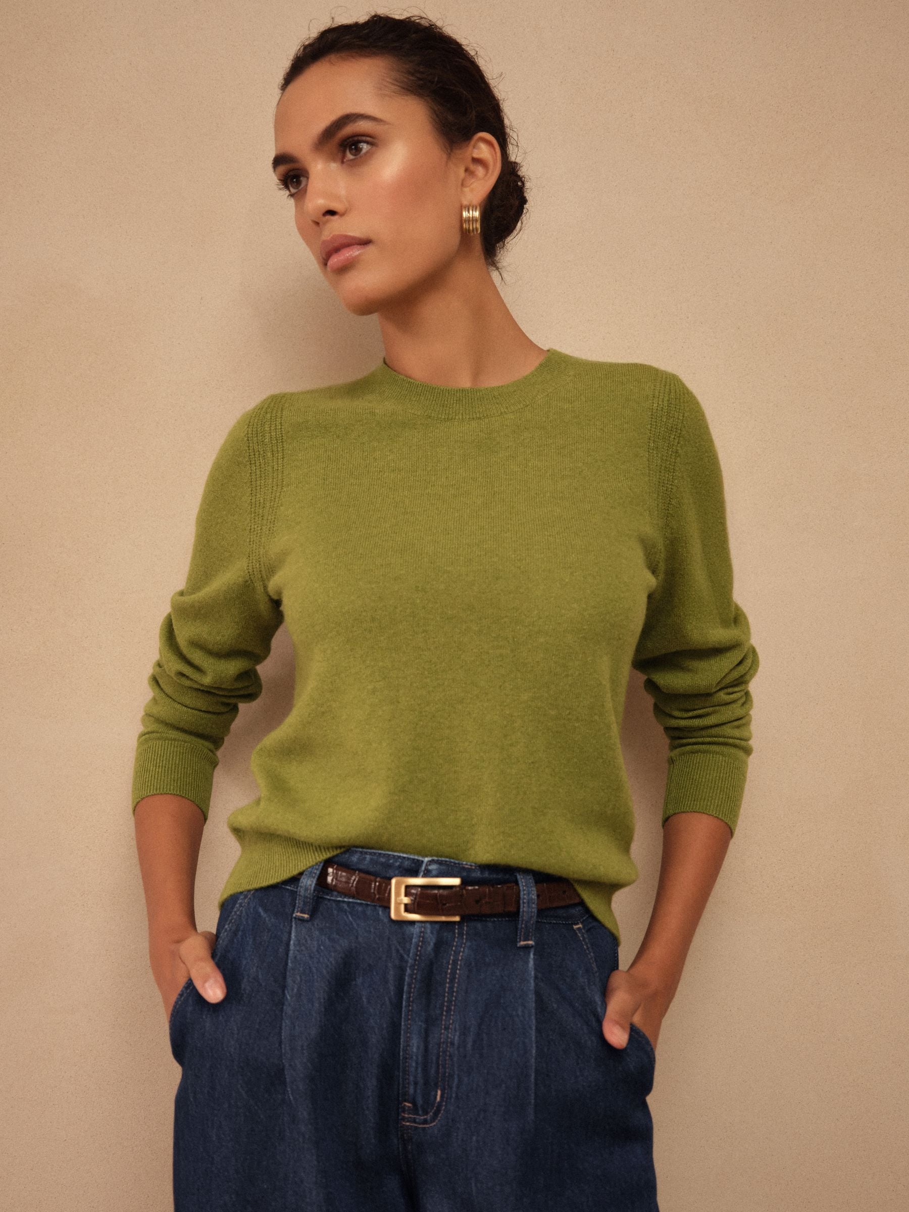 Olive Green N.premium 100% Cashmere Crew Neck Jumper