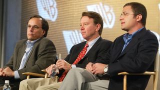 Jed Petrick, president and COO, The WB; Jamie Kellner, chairman and CEO, Turner Broadcasting; and Jordan Levin, president, entertainment, The WB, at a 2003 Television Critics Association tour event.