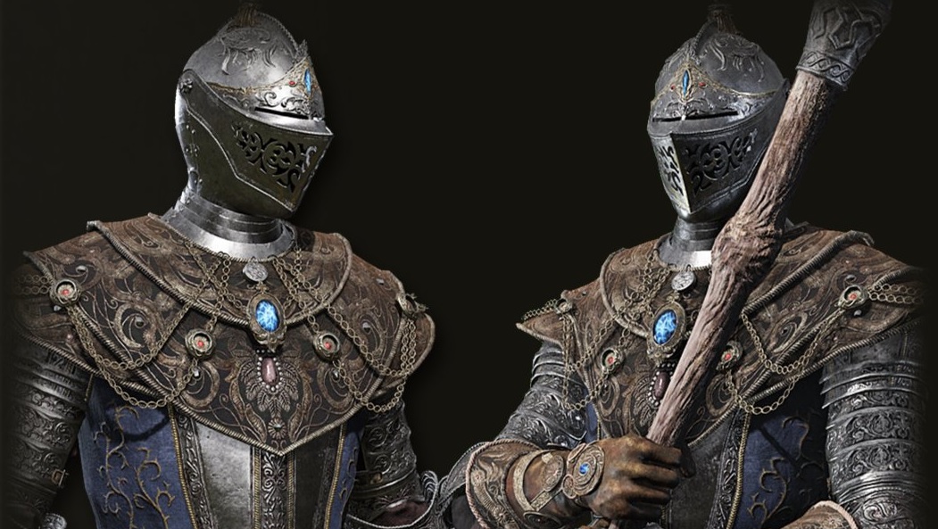 Elden Ring - two images of the enchanted knight wearing a blue cloak, holding a staff, and a metal helmet