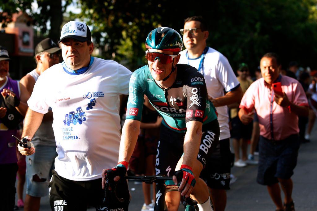 SAN JUAN ARGENTINA JANUARY 22 Sam Bennett of Ireland and Team Bora Hansgrohe celebrates at finish line as stage winner during the 39th Vuelta a San Juan International 2023 Stage 1 a 1439km stage from San Juan to San Juan on January 22 2023 in San Juan Argentina Photo by Maximiliano BlancoGetty Images