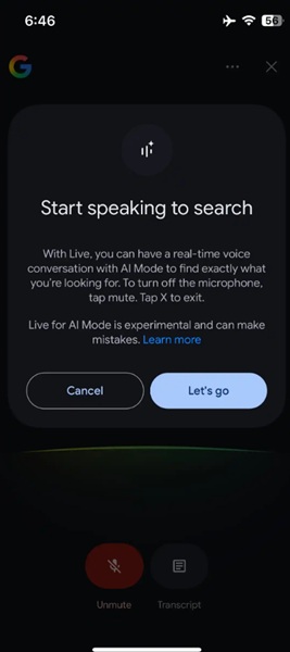 AI Mode's "Search Live" test displays a splash page explaining users can have a conversation with the feature for real-time results.