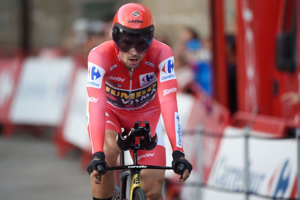 Team Jumbos Slovenian rider Primoz Roglic rides during the 21st and final stage of the 2021 La Vuelta cycling tour of Spain a 338 km timetrial race from Padron to Santiago de Compostela on September 5 2021 Photo by MIGUEL RIOPA AFP Photo by MIGUEL RIOPAAFP via Getty Images