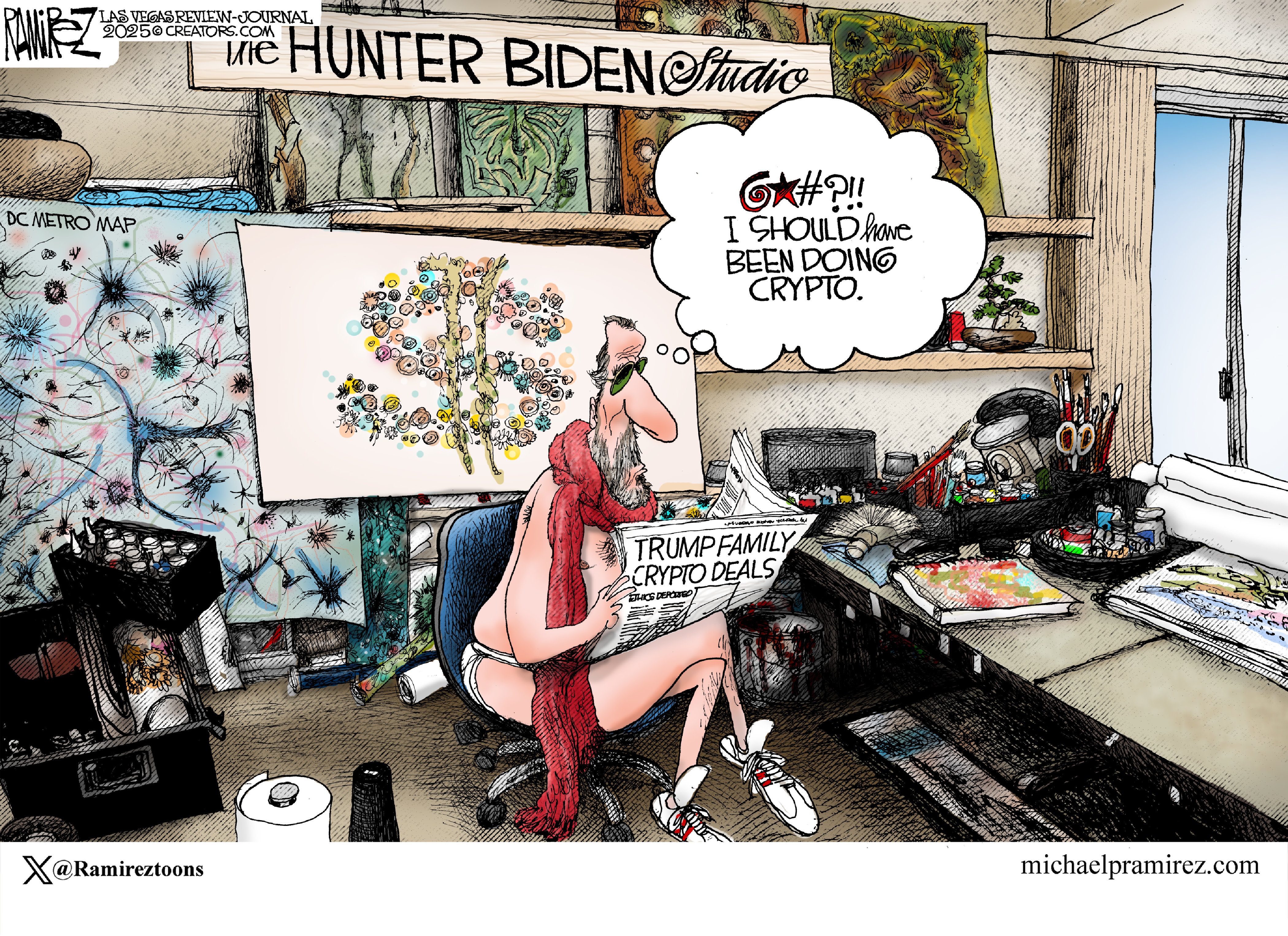 A cartoon depicts Hunter Biden, wearing only underwear and a red scarf, sitting in a messy art studio. He reads a newspaper with the headline "TRUMP FAMILY CRYPTO DEALS." A thought bubble above his head exclaims, "G&@#?! I SHOULD HAVE BEEN DOING CRYPTO." The studio is filled with abstract paintings, art supplies, and a "DC METRO MAP" on the wall.
