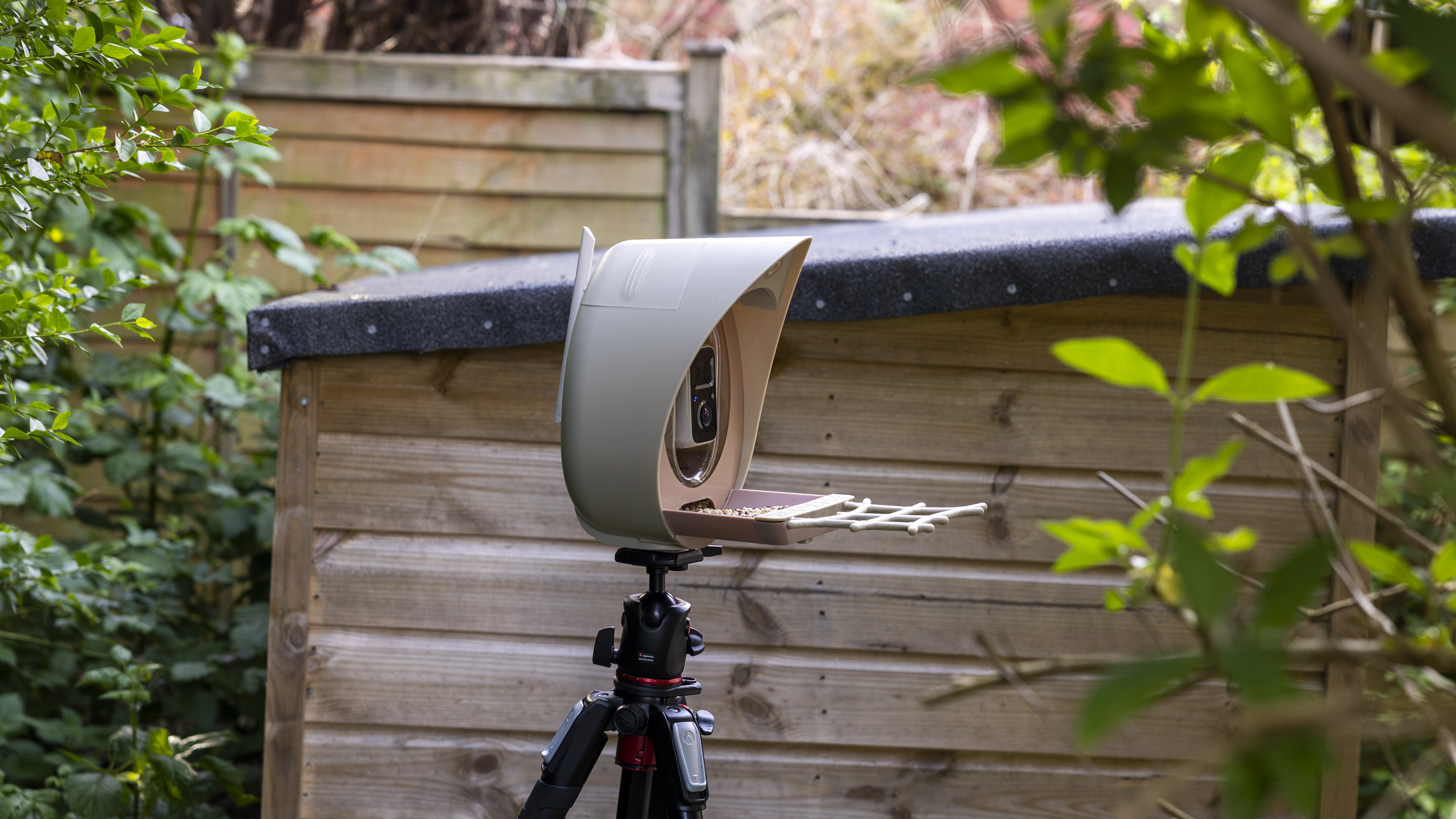 A side view of the PeckPerk bird feeder camera in a garden
