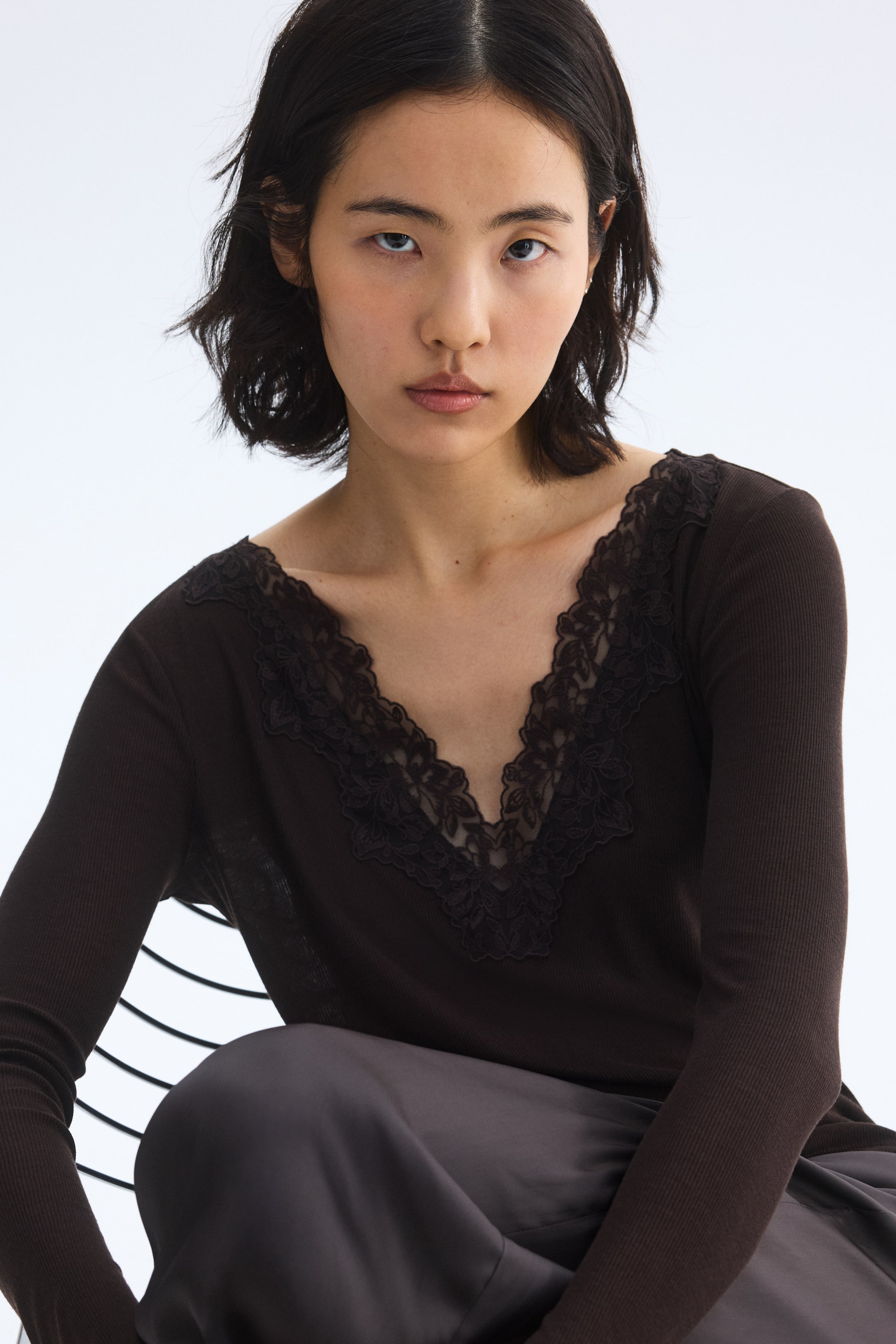 Lace-Trimmed Top - Dark Brown