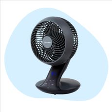 Cut out of the Morphy Richards AirFlex desktop air circulator on a blue and white background