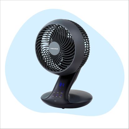 Cut out of the Morphy Richards AirFlex desktop air circulator on a blue and white background