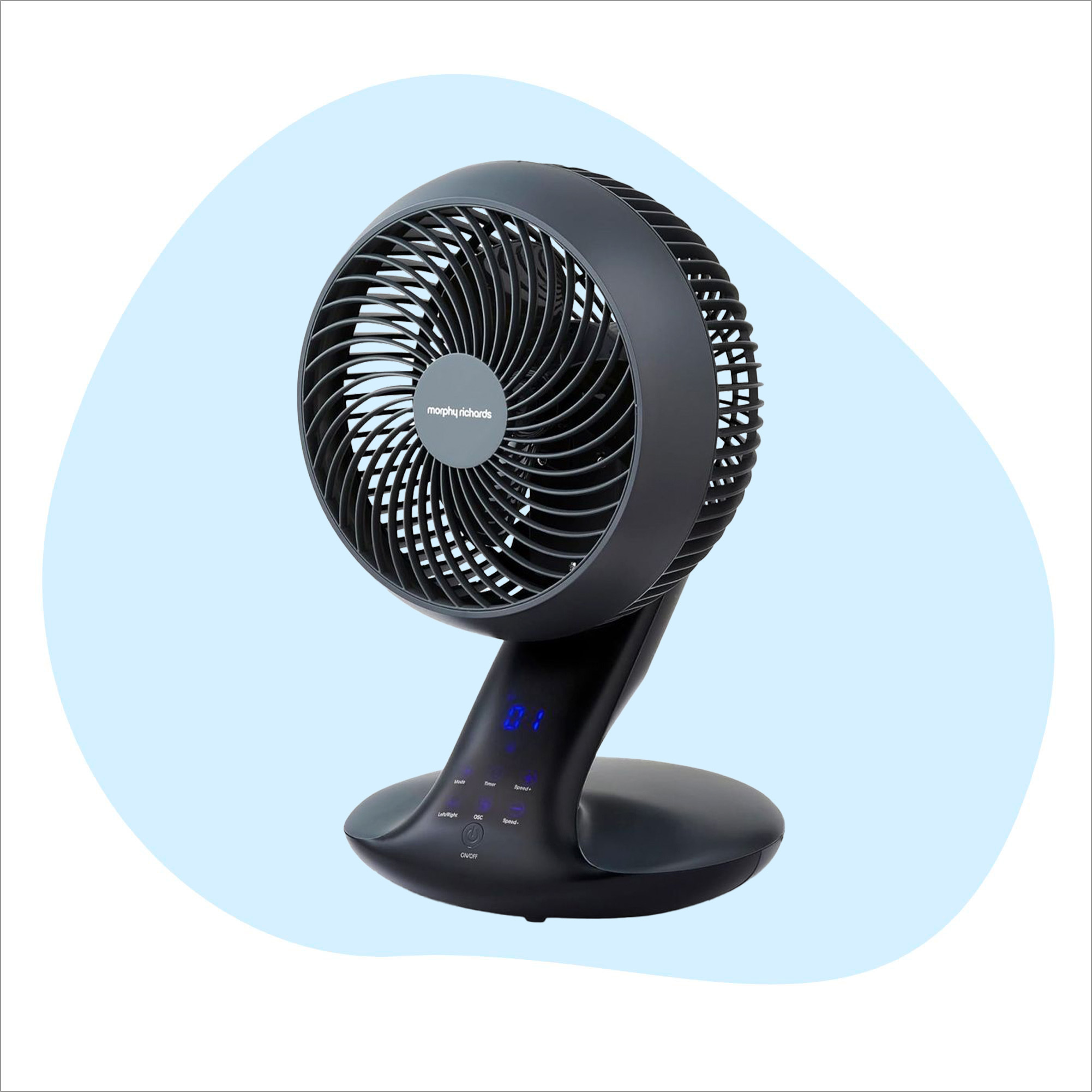 Cut out of the Morphy Richards AirFlex desktop air circulator on a blue and white background