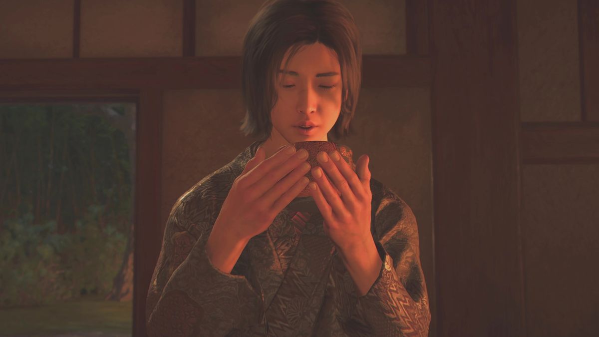 Assassin&#039;s Creed Shadows Tea Ceremony answers - Naoe about to sip tea from a bowl.