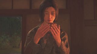 Assassin's Creed Shadows Tea Ceremony answers - Naoe about to sip tea from a bowl.