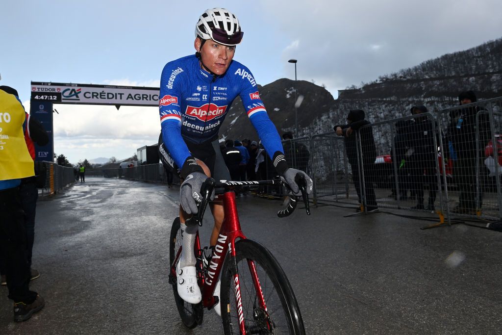 SARNANOSASSORETTO ITALY MARCH 10 Mathieu van der Poel of The Netherlands and Team AlpecinDeceuninck after crosses the finish line in the 58th TirrenoAdriatico 2023 Stage 5 a 1656km stage from Morro dOro to SarnanoSassotetto 1451m UCIWT TirrenoAdriatico on March 10 2023 in SarnanoSassotetto Italy Photo by Tim de WaeleGetty Images