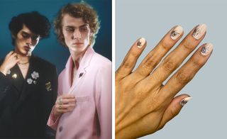 The photo on the left shows two young professionals wearing blazers, one wearing a black blazer and one wearing a pink blazer. Both males are wearing necklaces, rings and brooches. The photo on the right shows a hand with light pink nail art as a base colour and a black splash on each nail.