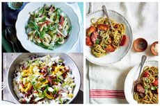 A selection of summer pasta recipes in bowls including Mexican corn pasta salad in the bottom lefthand side and tomato pasta on the right side