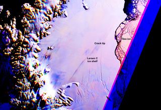 A satellite image showing the giant (and then-growing) crack in the Larsen C ice shelf on April 6, 2017.