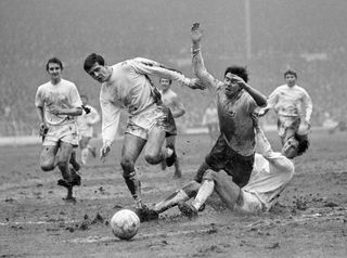 Swindon's Rod Thomas tackles Arsenal's Bobby Gould in the 1969 League Cup final