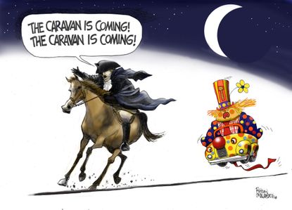 Political cartoon U.S. Trump clown migrant caravan Paul Revere
